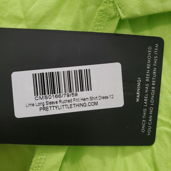 PrettyLittleThing Women's Lime Long Sleeve Ruched Frill Hem Shirtdress NWT US 8 - Picture 4 of 9